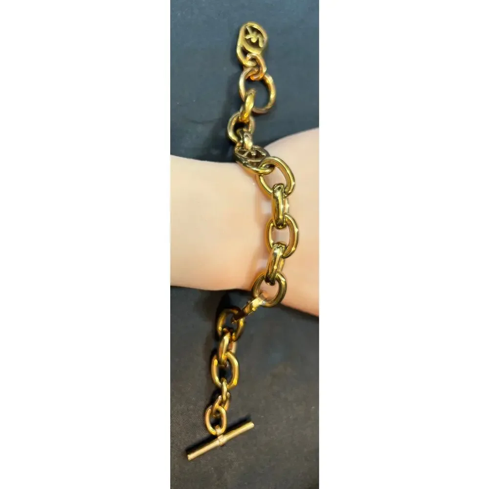 Michael Kors Chunky Gold Tone Chain Bracelet w/ MK Charms Toggle Sz 6.5”